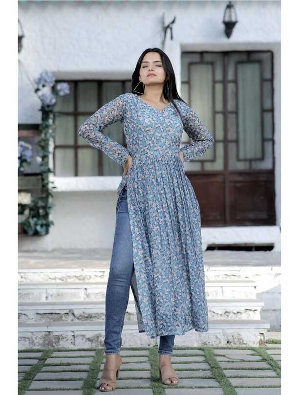 Grey 1000 Butti Naira Cut Kurti