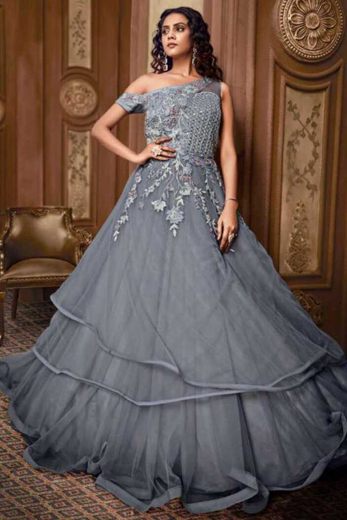 Grey Fancy Designer Party Wear Net Gown With Heavy Embroidered