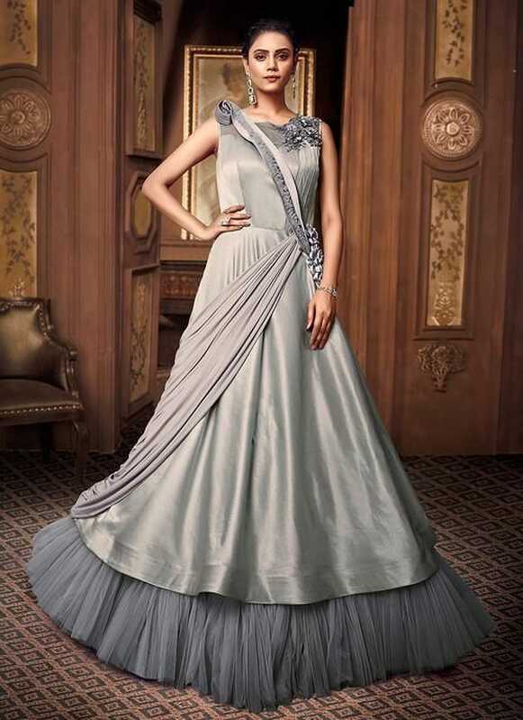 Grey Floral Bunch Embroidered Layered Indo Western Gown