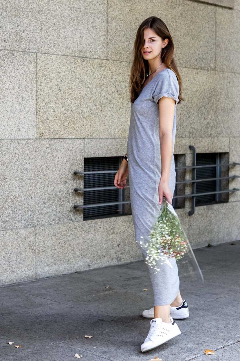 Grey Maxi Dress and White Sneakers