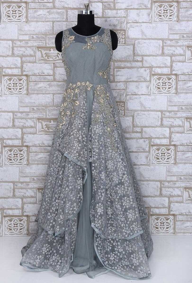 Grey Net Gown with hand embroidery work | Net dress design ...