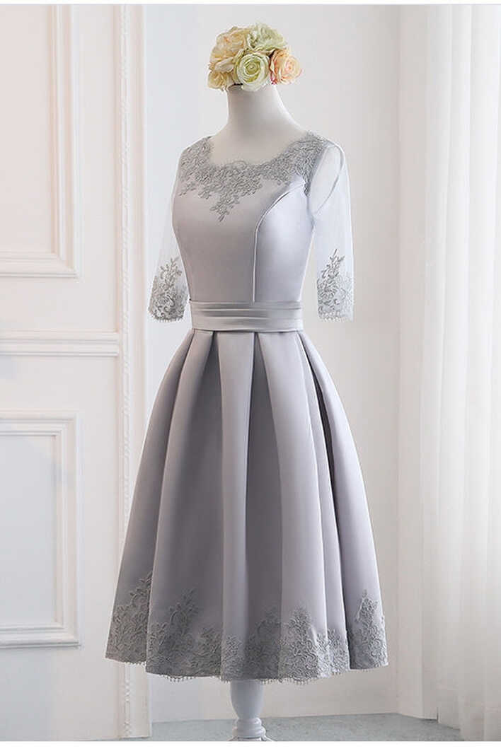 Grey Simple Knee Length Satin Short Sleeves Party Dress, Wedding ...