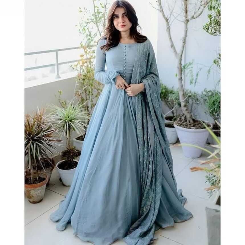 Grey georgette plain long anarkali gown