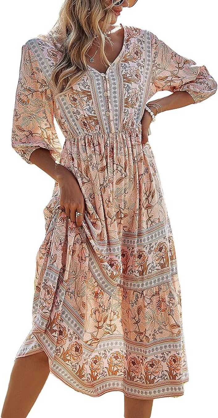 GuliriFe Women Bohemian Floral Printed Maxi Dress with Sleeves ...