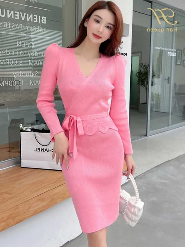 H Han Queen 2022 Winter New Korean Fashion Elegant Lace-Up Bodycon ...