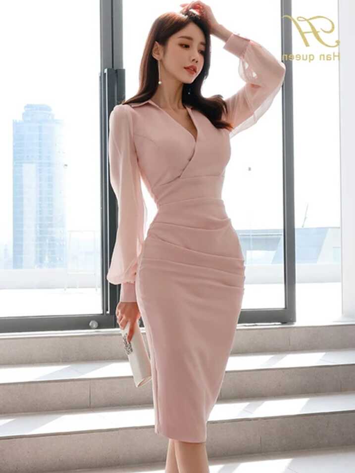 H Han Queen Elegant Fashion Slim V-Neck Casual Office Dress ...