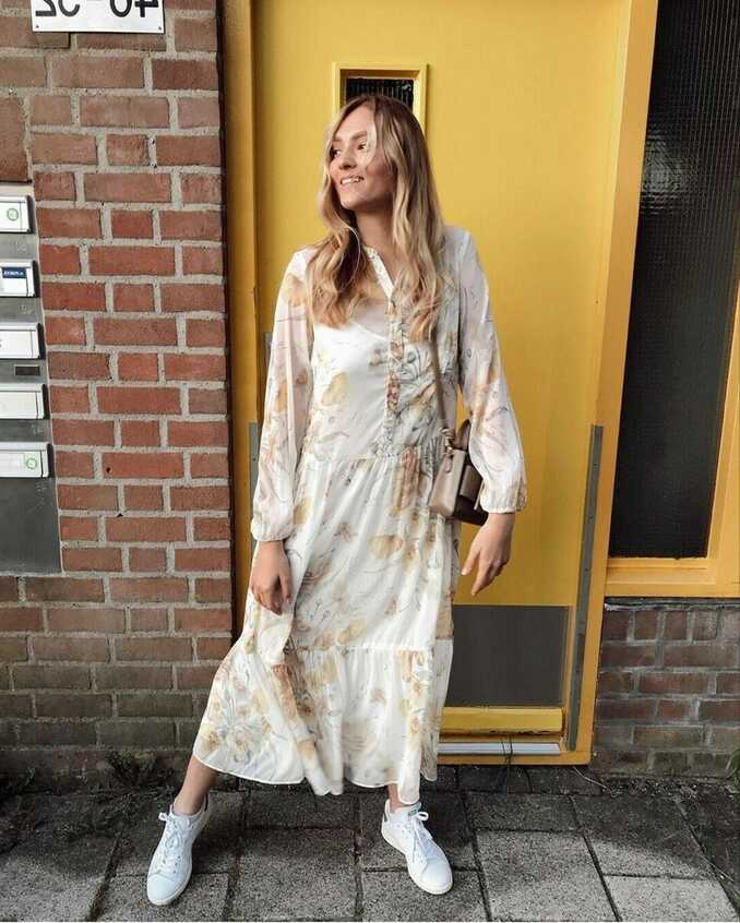 H&amp;M Ivory White Yellow Chiffon Floral Long Sleeve Midi Maxi Dress ...