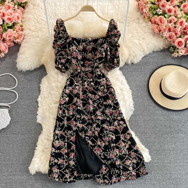 HASU Flower Dress Women Summer Korean Style Square Neck Puff ...