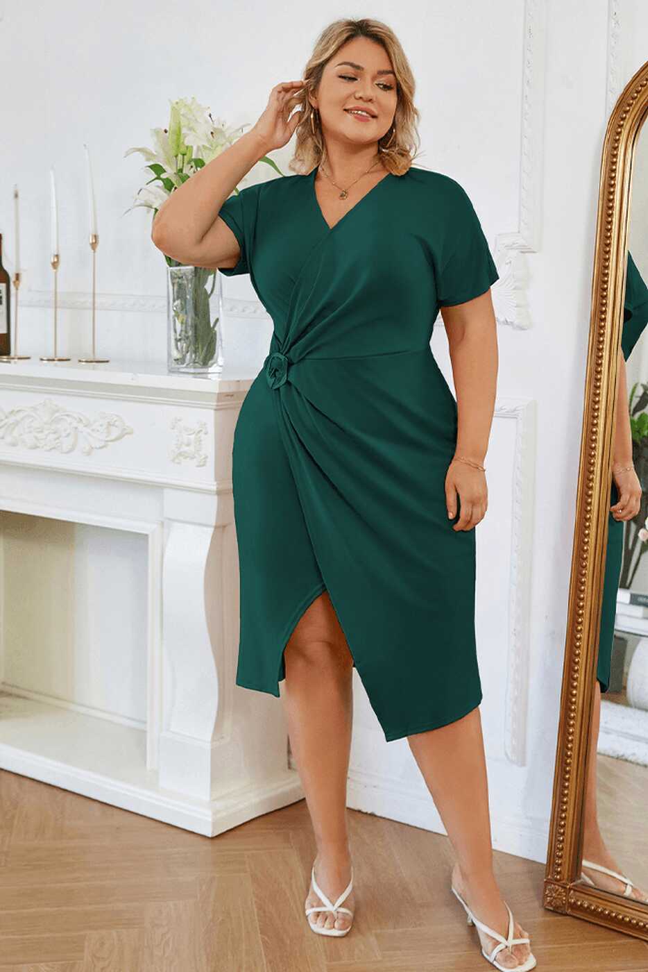 HN Women Plus Size Wrap Hem Dress OL Short Sleeve V-Neck Midi ...