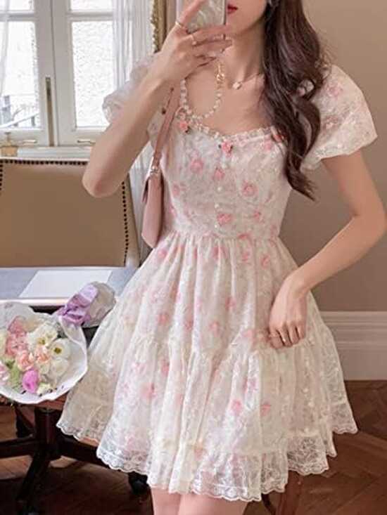 HOMU Floral Lace Korean Sweet Dress Women France Vintage Elegant ...