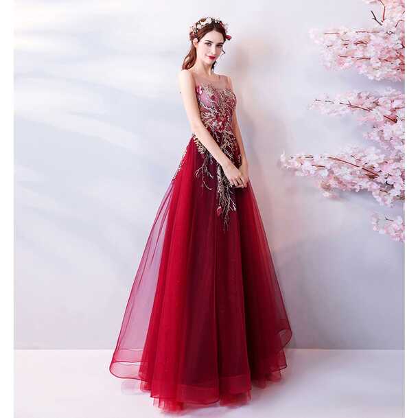 HUANLIAN Women&#39;s Wedding Dress Wine Red Long Formal Sleeveless ...