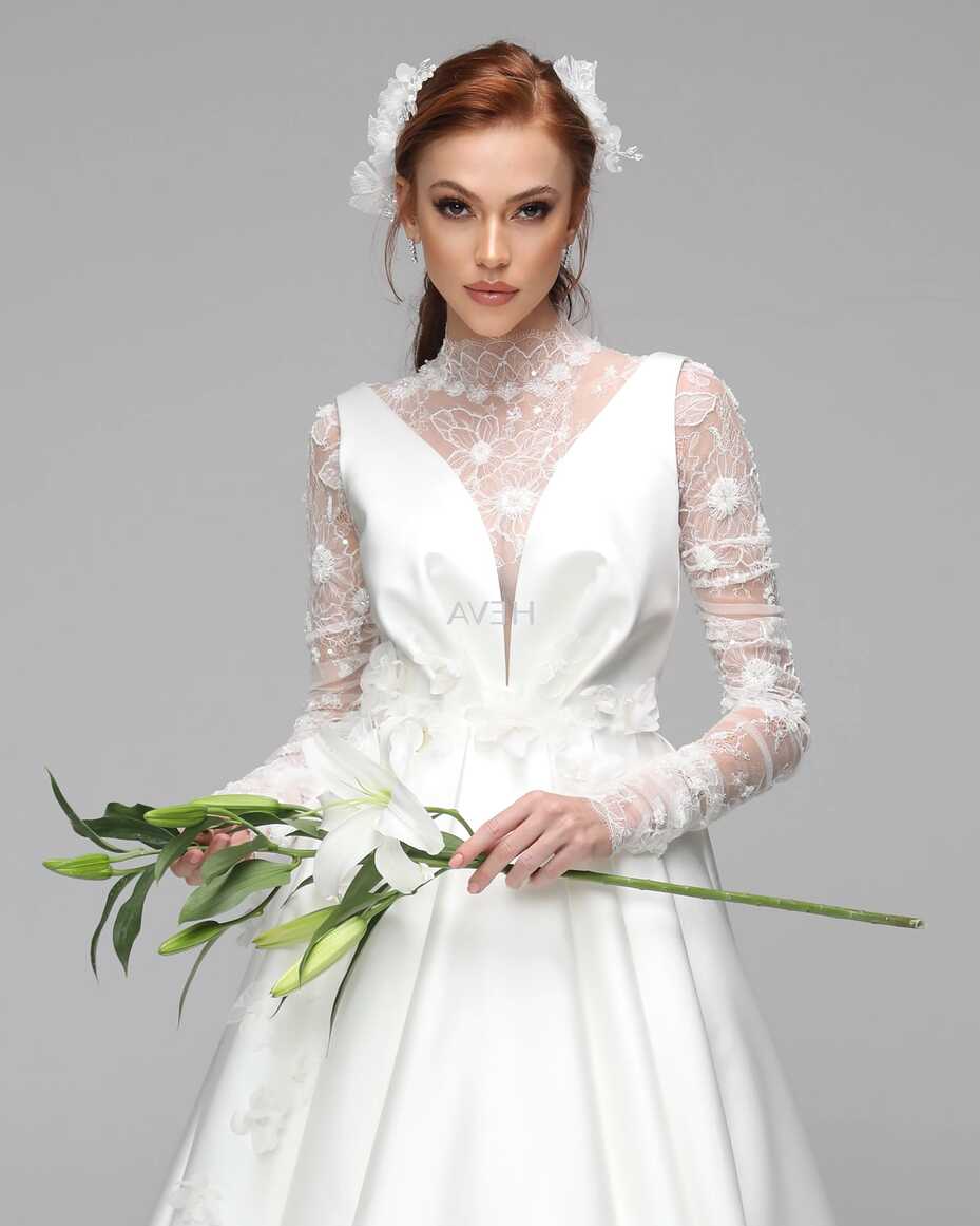 HV22016 - Long-Sleeved, Sheer Satin Bodice Wedding Gown with Lace ...