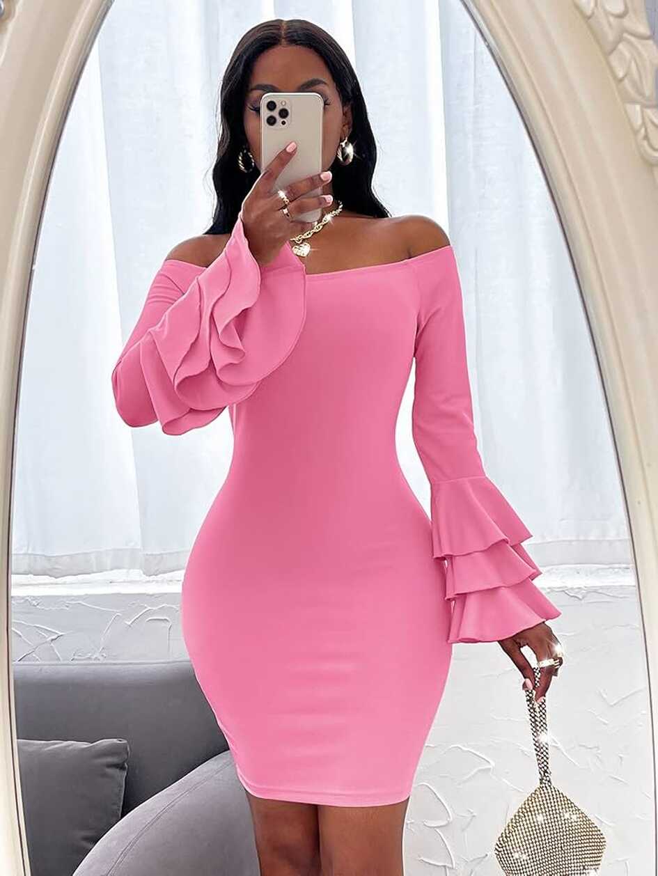 HZ.BEHAVE Dresses for Women Off Shoulder Layered Sleeve Bodycon ...