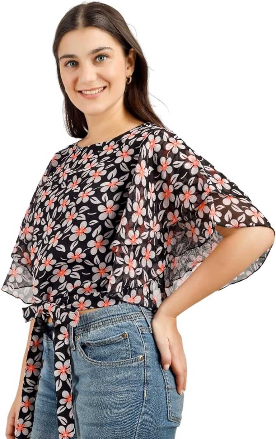 Half Sleeve Round Neck Georgette Floral Tops for Women | Latest ...