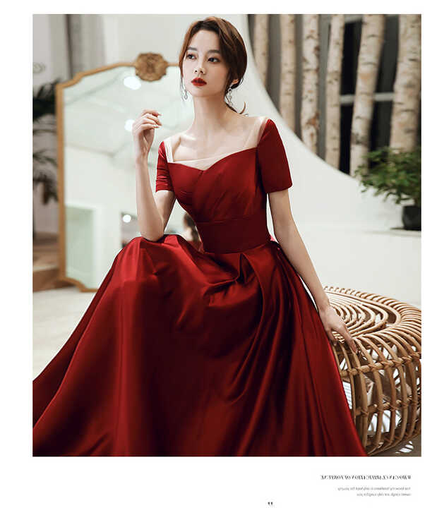 Half Sleeve Wine Red Sweetheart Satin Dress - OneSimpleGown.com