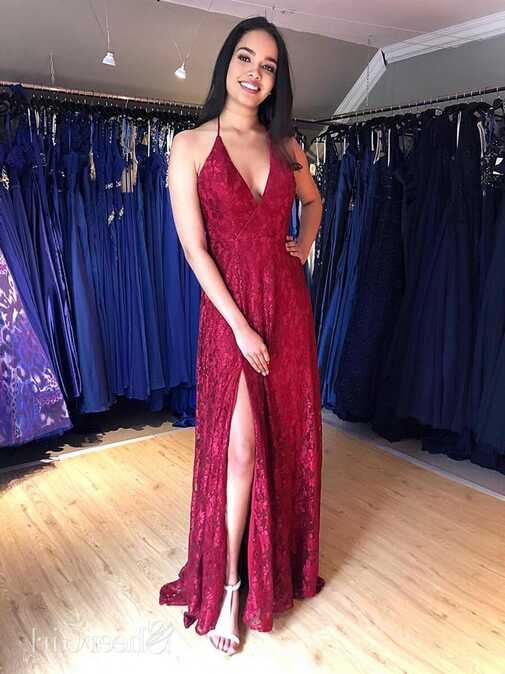 Halter Burgundy Lace Long Prom Dresses with Slit V Neck Formal ...