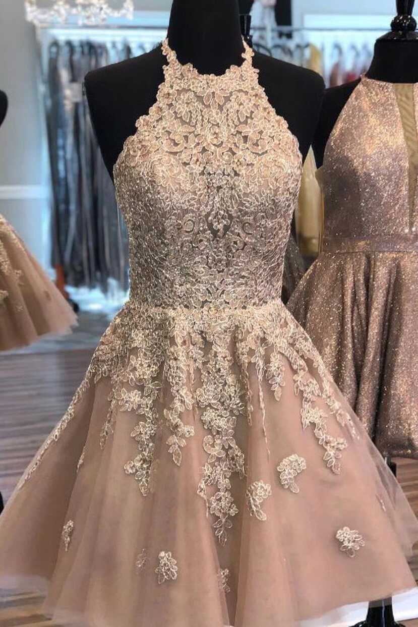 Halter Neck Champagne Lace Short Prom Dresses, Short Lace ...