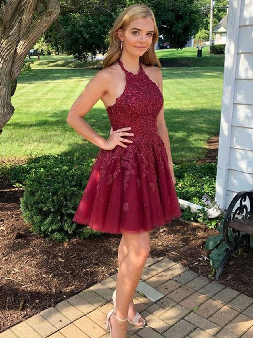 Halter Neck Short Burgundy Lace Prom Dresses, Short Wine Red Lace ...