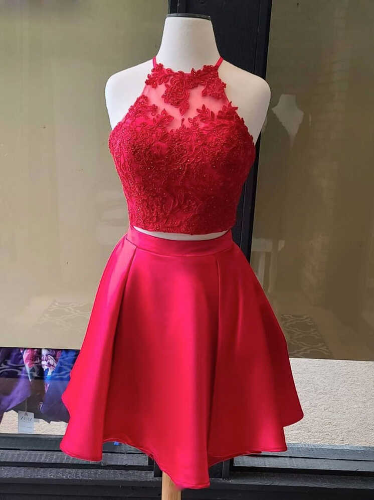 Halter Neck Short Red 2 Pieces Lace Prom Dresses, Two Pieces Short ...