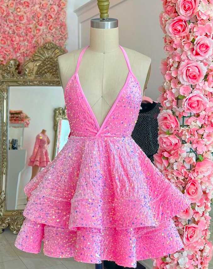 Halter Pink Prom Dresses Short Mini Dresses Robes De Cocktail ...