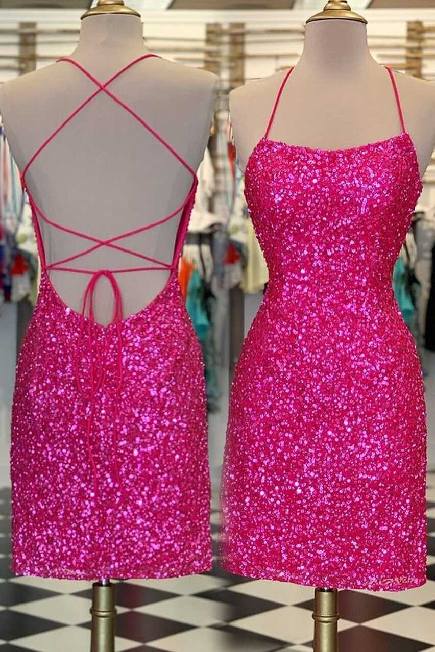 Halter Sexy Prom Dresses Short Pink Sparkly Shinny Birthday Party ...