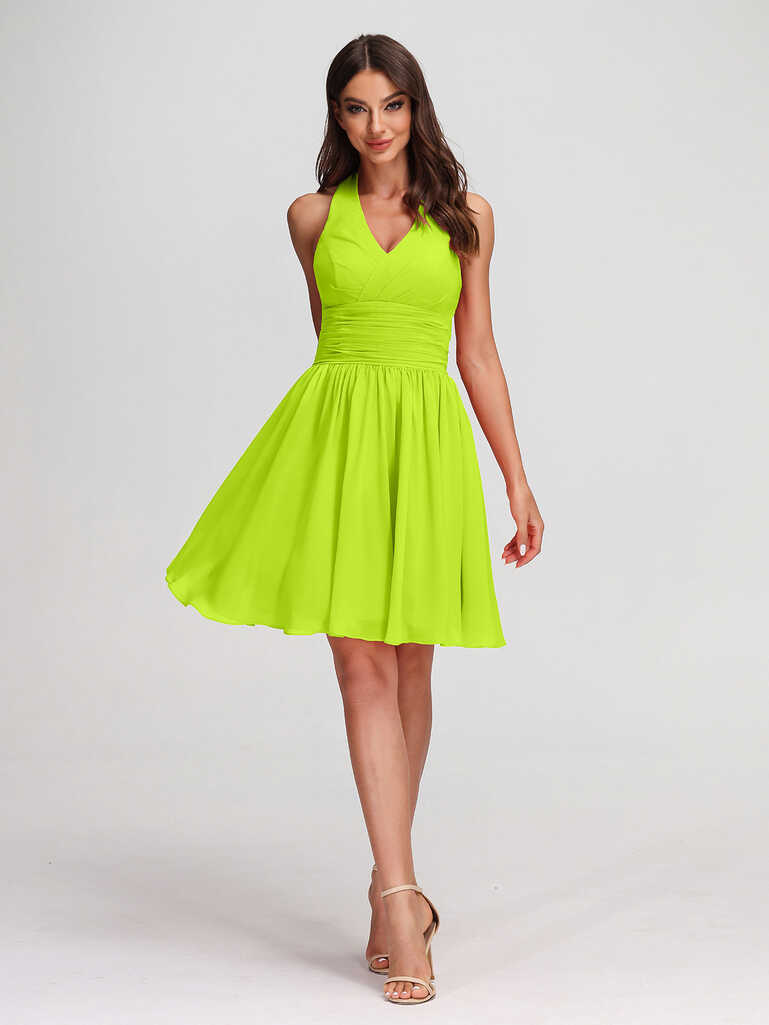 Halter V Neck Short Chiffon Bridesmaid Dresses-Lime Green ...