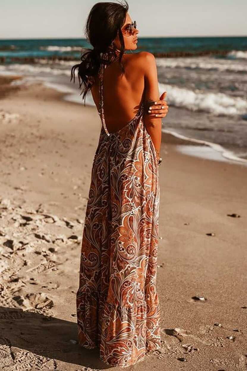 Halter neck Vintage Floral Print Backless Maxi Dress - Angel Croshet