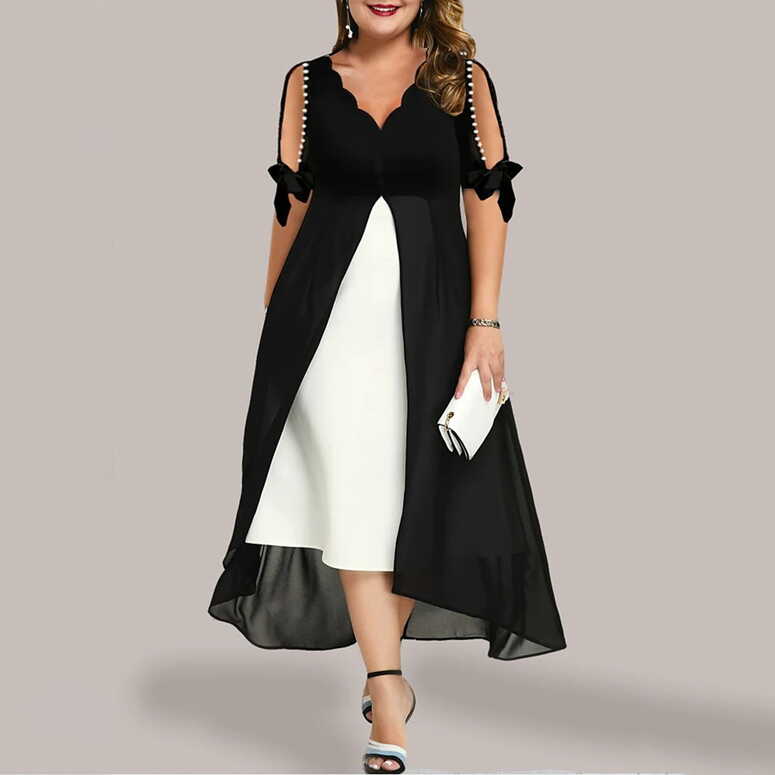 Hanas Dresses Women Plus Size 3/4 Sleeves V Neck Chiffon Panel ...