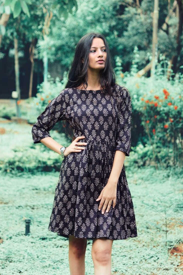 Hand Block Printed Cotton Fit and Flare Fern Dress - Mogra Designs