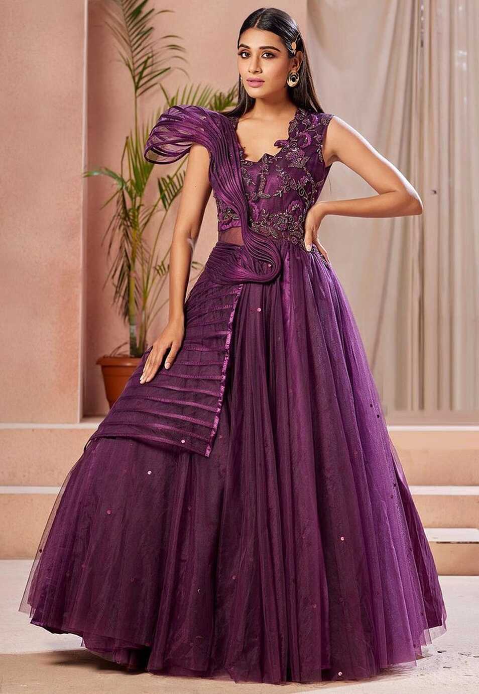 Hand Embroidered Net Gown in Purple