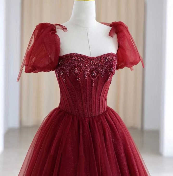 Handmade Retro Princess Tulle Embellished Red Prom Evening Dress ...