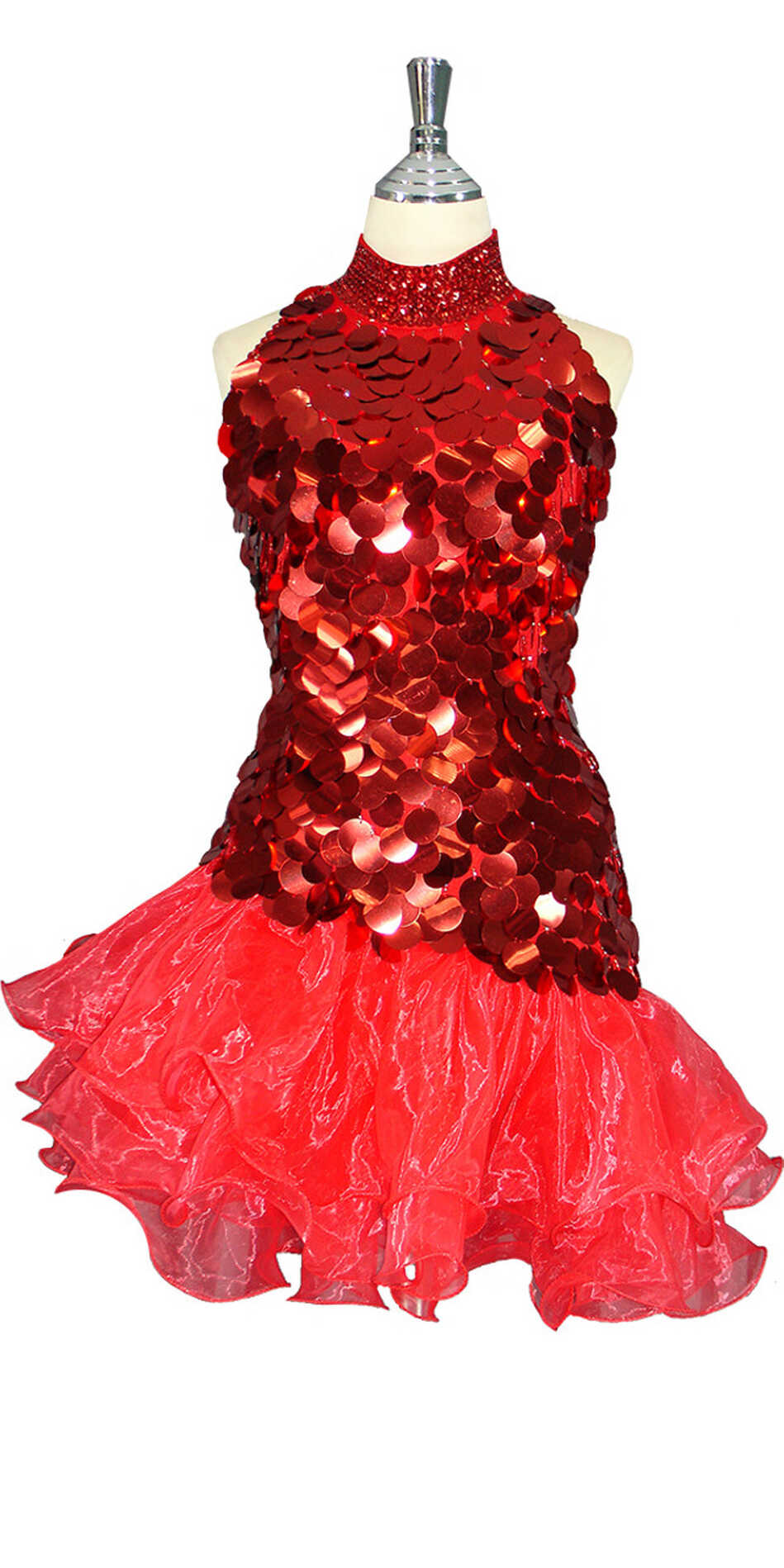 Handmade Short Red Sequin Dress with Organza Ruffle Skirt