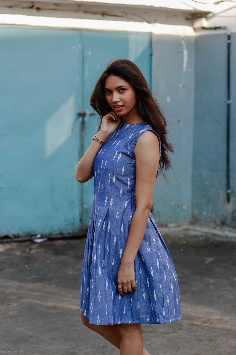 Handwoven Ikat Sleeveless Pleated Dress - Mogra Designs