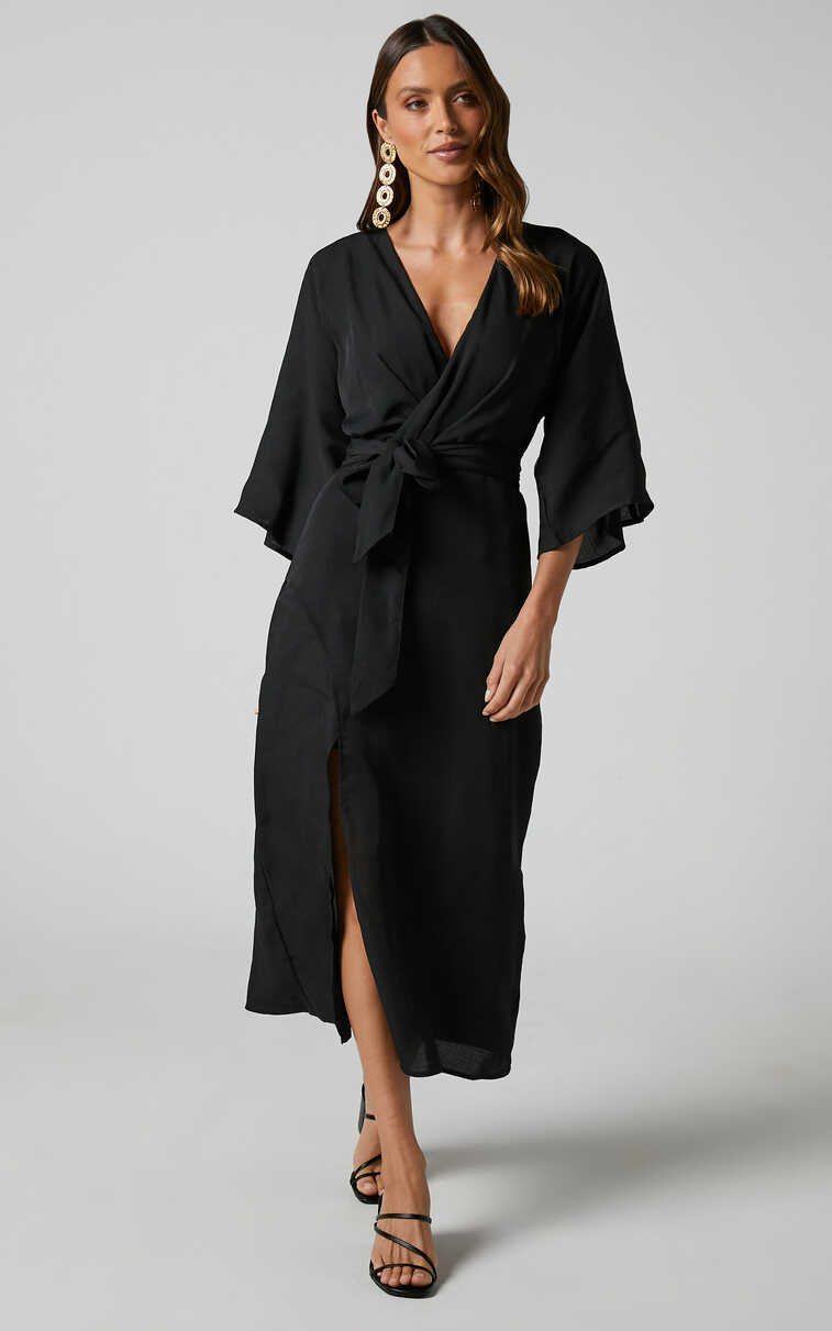 Hanlou Midi Dress - Long Sleeve Plunge Wrap Dress in Black | Showpo