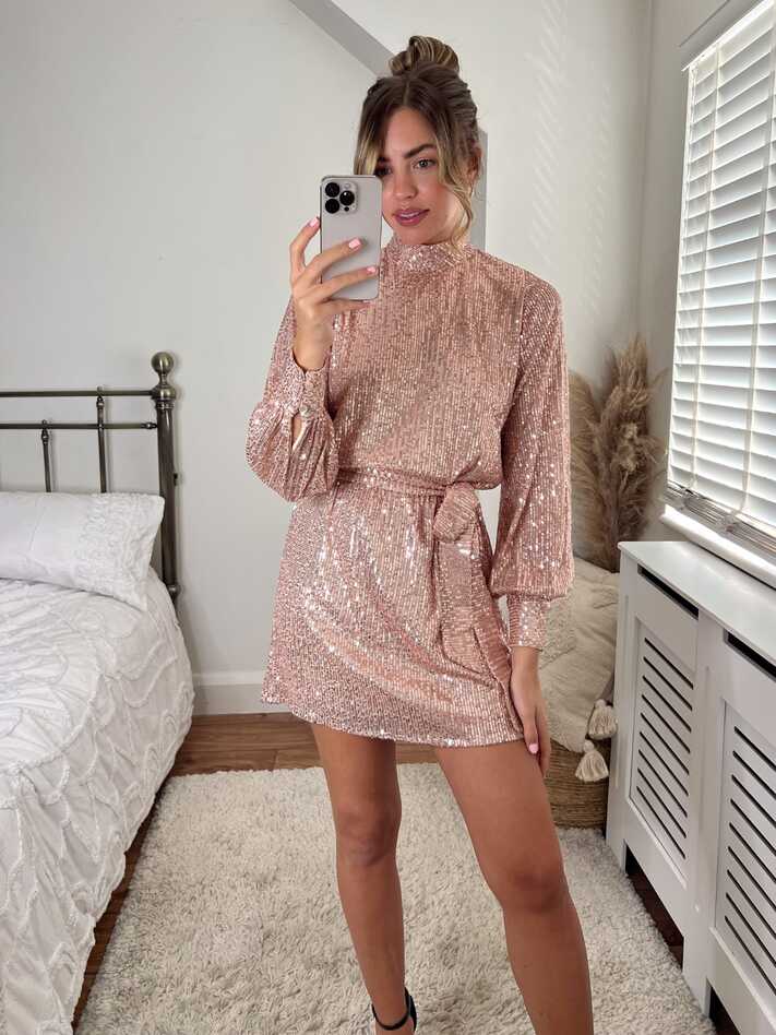 Hannah Sequin High Neck Mini Dress / Rose Gold – Style Cheat