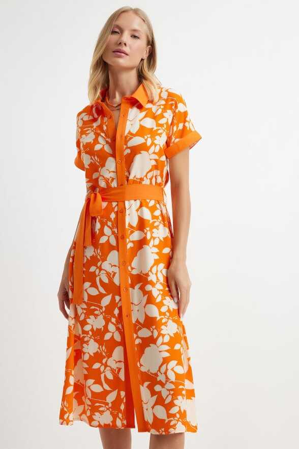 Happiness İstanbul Orange Floral Print Thin Viscose Summer Dress ...