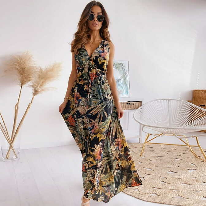 Hawaiian Dress Women V-neck Sleexeless Tropical Print Open Back ...