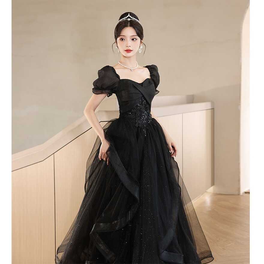 Hawlife Korean Black Puff Sleeve Elegant Civil Wedding Cocktail ...