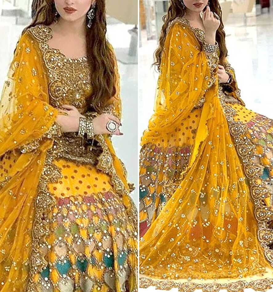 Heavy Embroidered Net Mehndi Bridal Lehenga Dress 2022