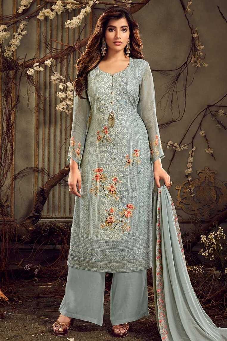 Heavy Georgette Grey Plazo Dress For Girl