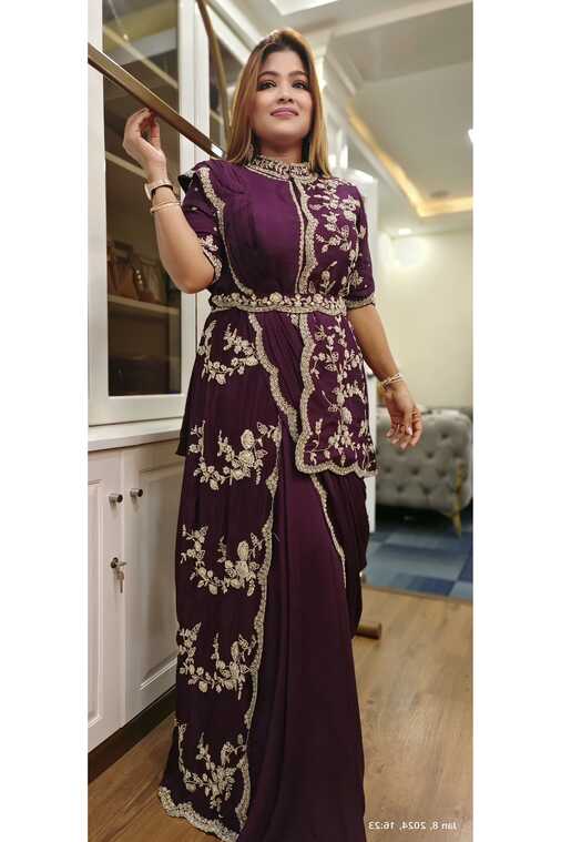 Heavy party wear stylish drape style beautiful gown with cut dana embr