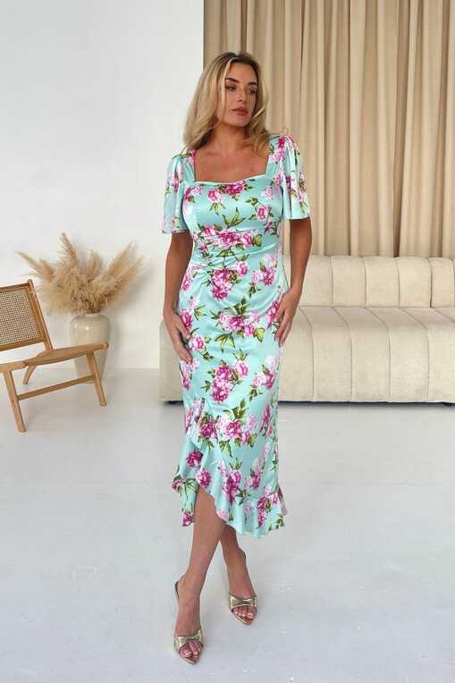 Heidi Green Floral Ruched Midi Dress - Women from Yumi UK