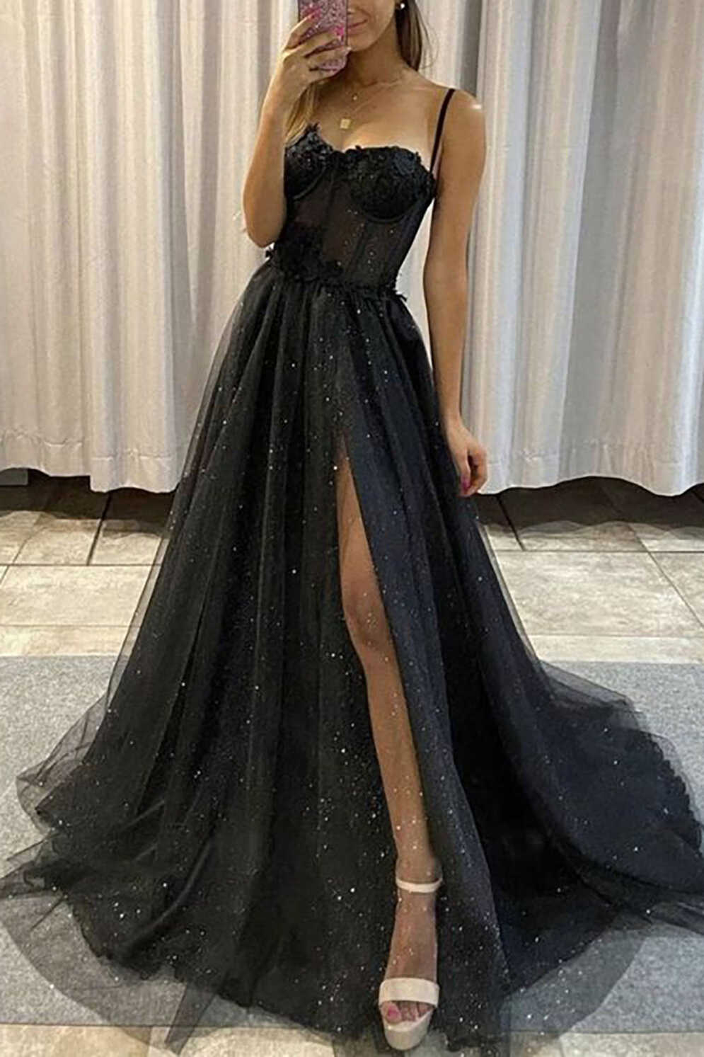 Hellymoon Women Black Tulle Corset Prom Dress with Slit Spaghetti ...