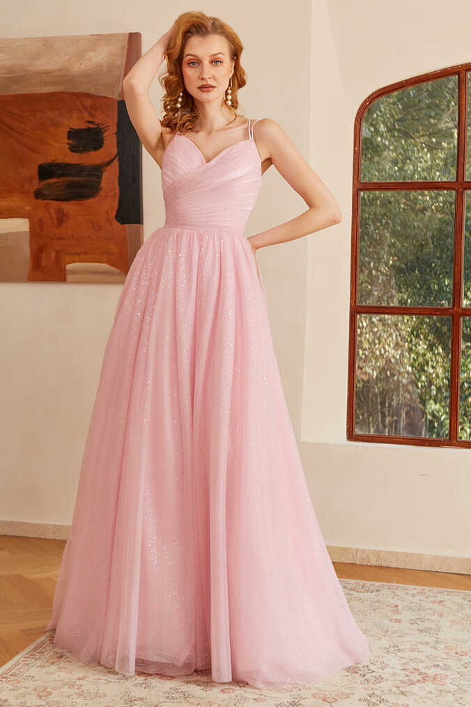 Hellymoon Women Pink Princess Prom Dress Glitter Lace-Up Ruched A ...