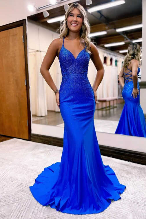 Hellymoon Women Satin Prom Dress with Beading Royal Blue A Line ...