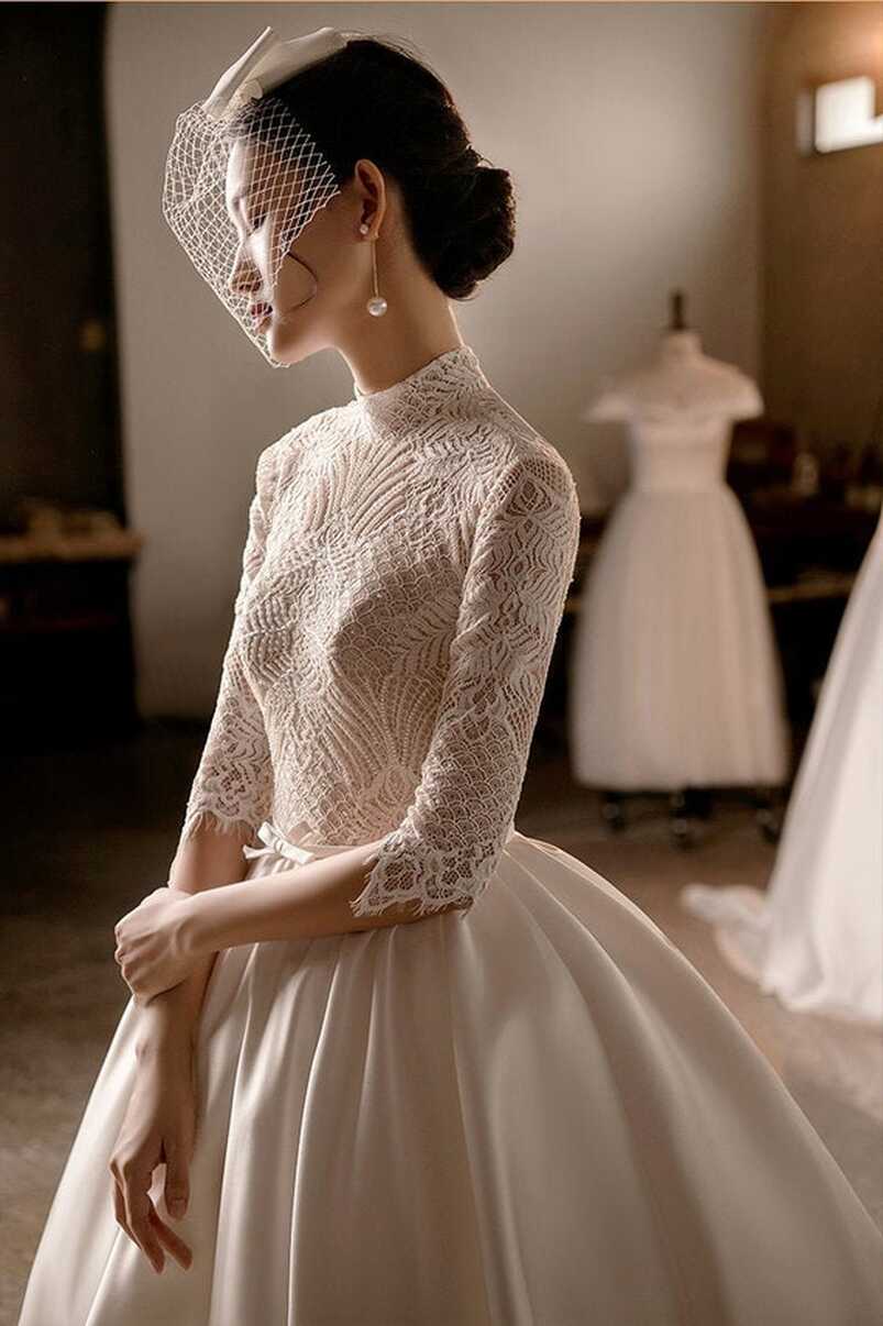 High Collar Wedding Dress Long Sleeve Wedding Dress Ball Gown Lace ...