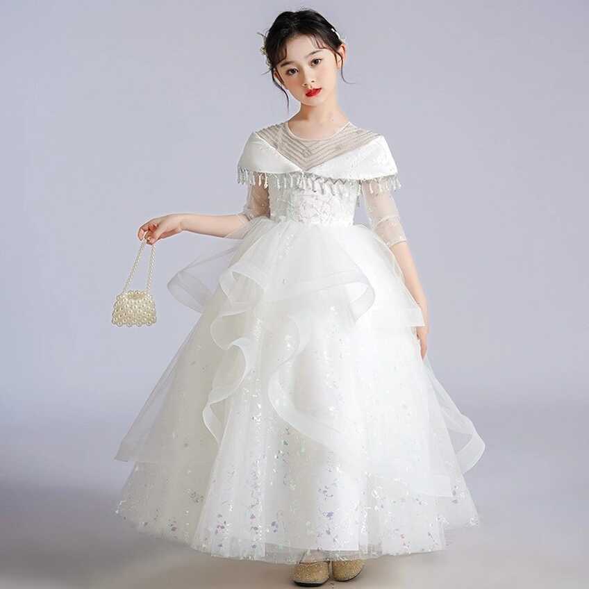 High-End Girls Wedding Dress Long Sleeve White Wedding Gown for 4 ...