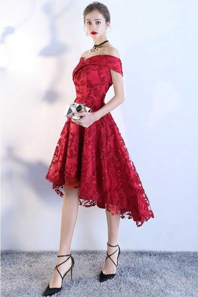 High Low Aline Red Lace Party Dress Off Shoulder - $78 #BLS97003 ...