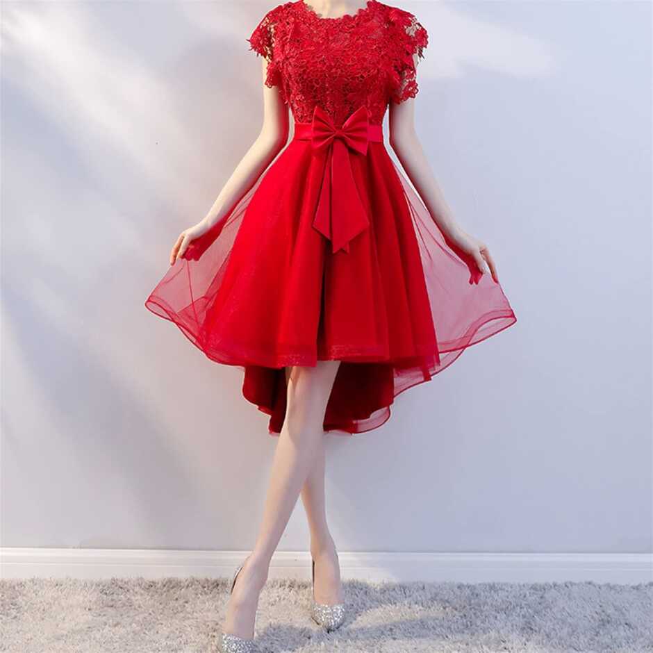 High Low Cocktail Dresses with Bow Lace Short Sleeves Prom Dress ...