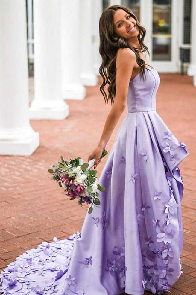 High Low Strapless Purple Satin Floral Long Prom Dresses, High Low ...